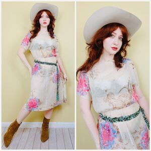 1970s Vintage Sheer Cotton Midi Dress / 70s Cream and Pink Floral Medium